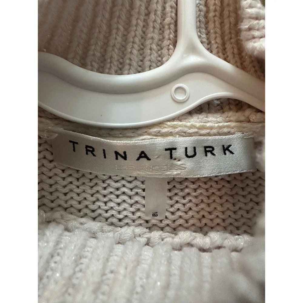 Trina Turk Cream Mock Neck Puff Sleeve Popcorn Bobble Knit Sweater Women's Small